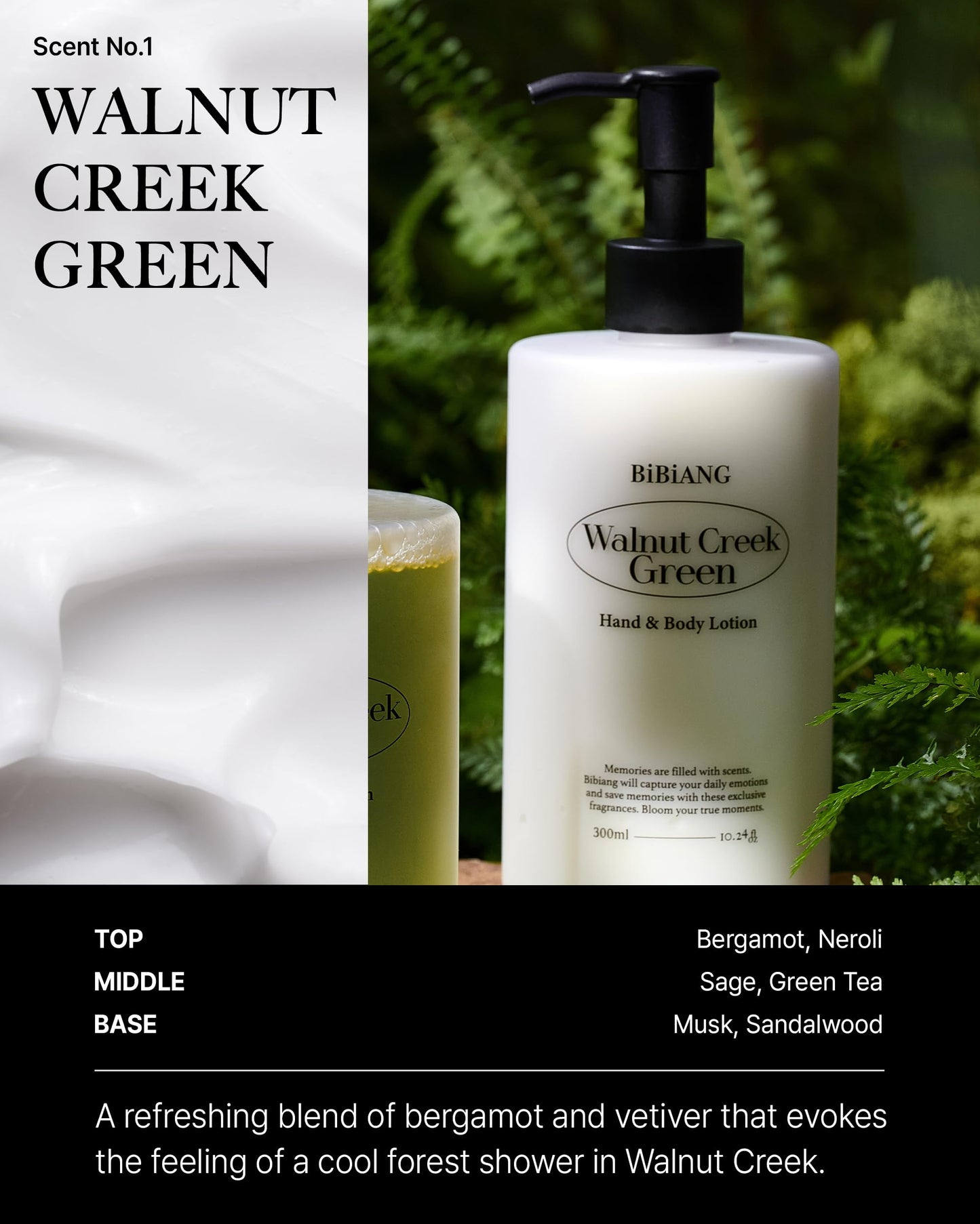BiBiANG Walnut Creek Green Body Lotion - Korean Body Care for Moisturizing & Nourishment - Hydrating Body Care Formula with Forest Bergamot Scent, Shea Butter & Jojoba Oil - 10.82 fl.oz