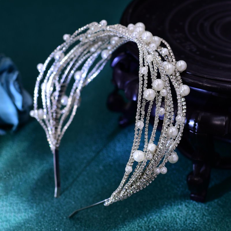 JHOO Bridal Rhinestone Pearl Hairband Women's Fashion Rhinestone Headdress Silver Wedding Pearl Headband Hair Accessories for Bride Bridesmaid Ladies HP658