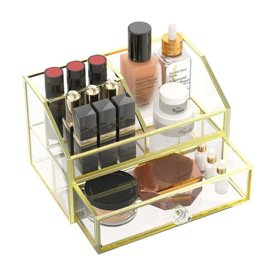 FSyueyun Makeup Organizer for Vanity, Clear Glass Drawer Organization and Storage Jewelry Display Case Gold Cosmetics Storage Lipstick Organizer Tray Perfumes for Bathroom Counter or Dresser