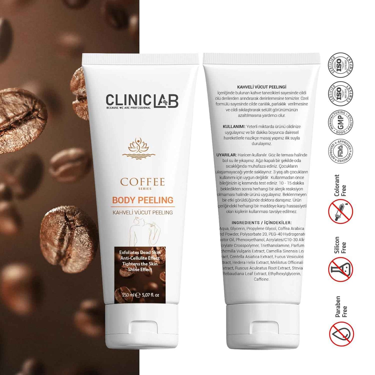 ClinicLab Body Peeling with Coffee - Dead Skin Removal Peeling Gel & Skin Care - Moisturizing Hydrating Exfoliator Foot, Face & Body (5.07fl oz)