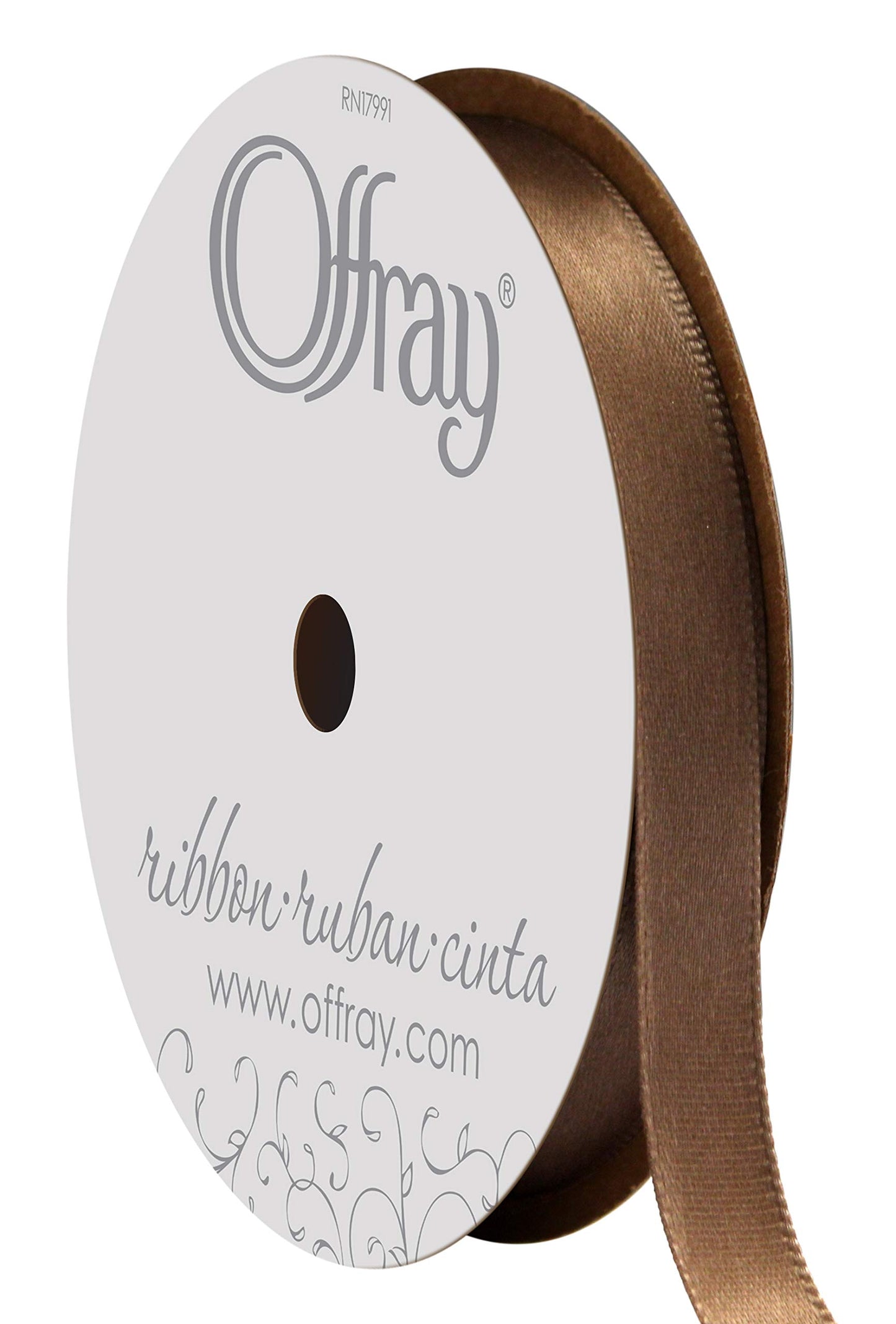 Berwick Offray 346181 3/8" Wide Single Face Satin Ribbon, Mudpie Brown, 6 Yds