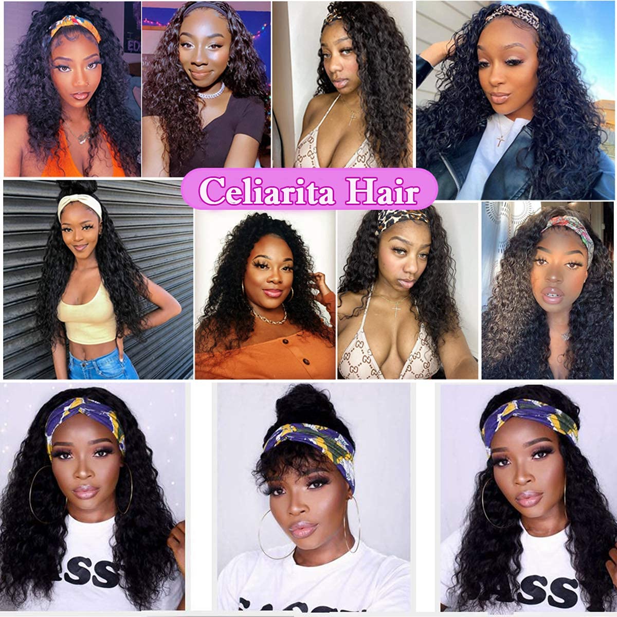 Deep Wave Headband Wig Human Hair 12inch 150% Density Natural Color