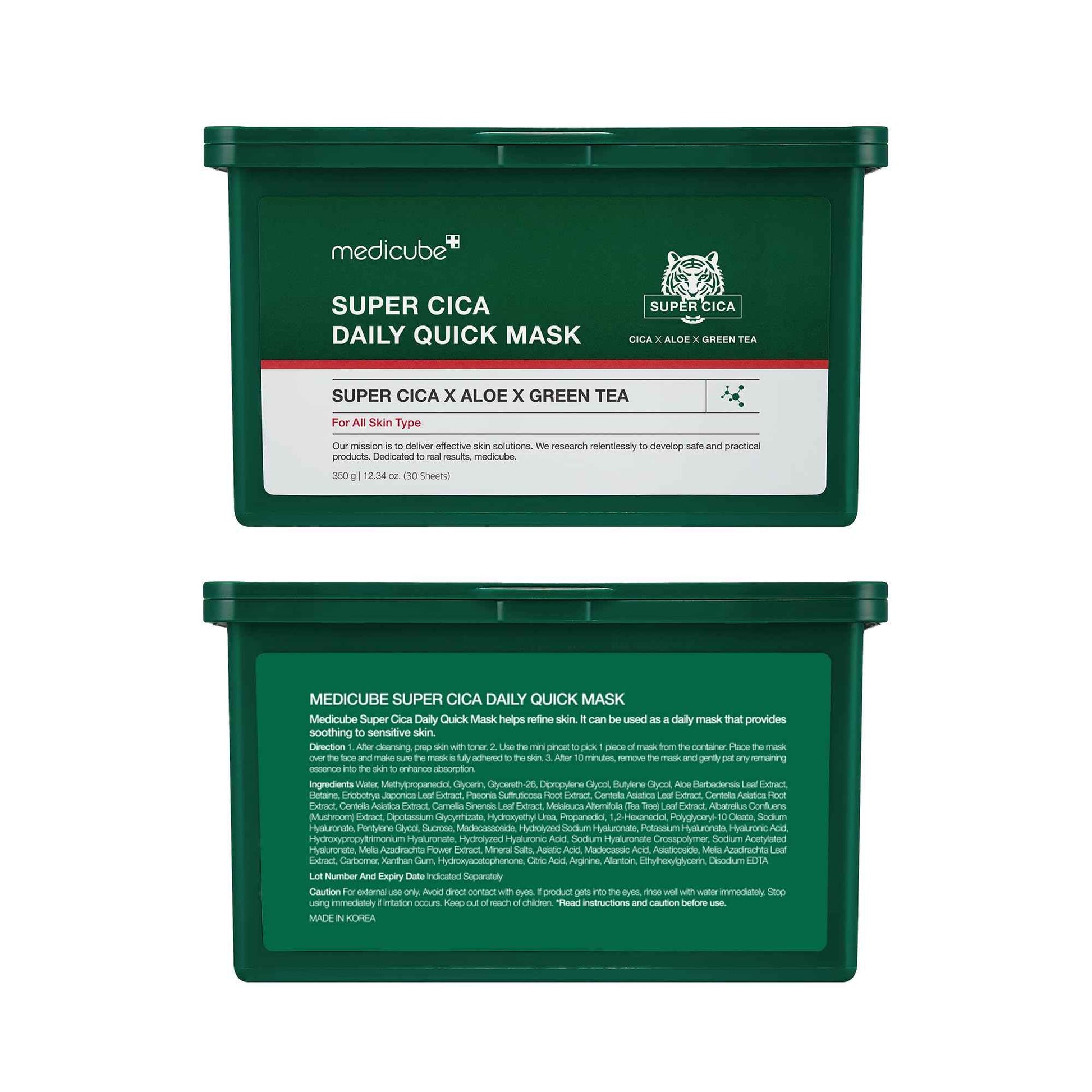 medicube Super Cica Daily Quick Facial Masks (30 Sheets) - 60-Second Soothing & Hydrating Facial Mask with 88% Cica, Instant Cooling & Moisturization - 100% Vegan Certified, Korean Skincare