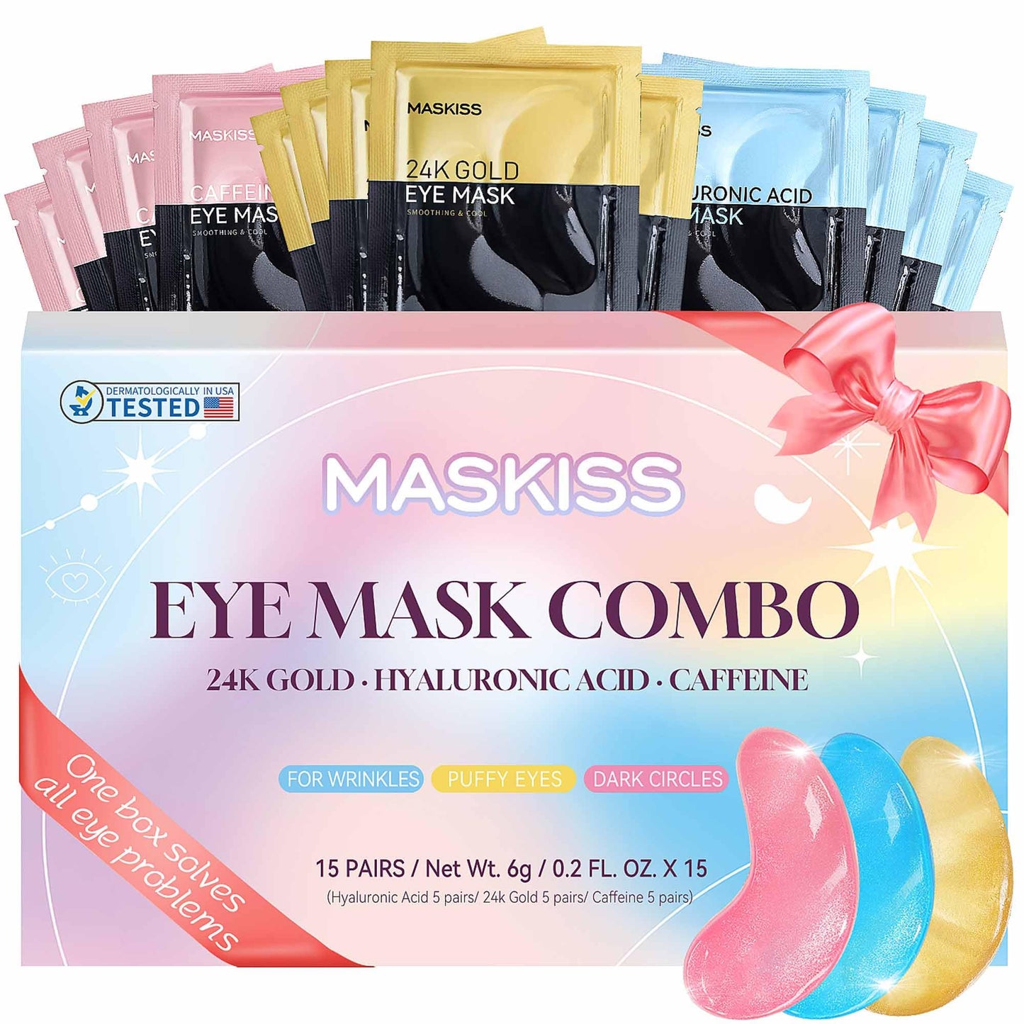 Maskiss Under Eye Patches (15 Pairs), 3 Colors Eye Masks Gift Set for Dark Circles Puffy Eyes, Undereye Bags and Wrinkles, Self Care Gifts for Birthday & Bachelorette Party