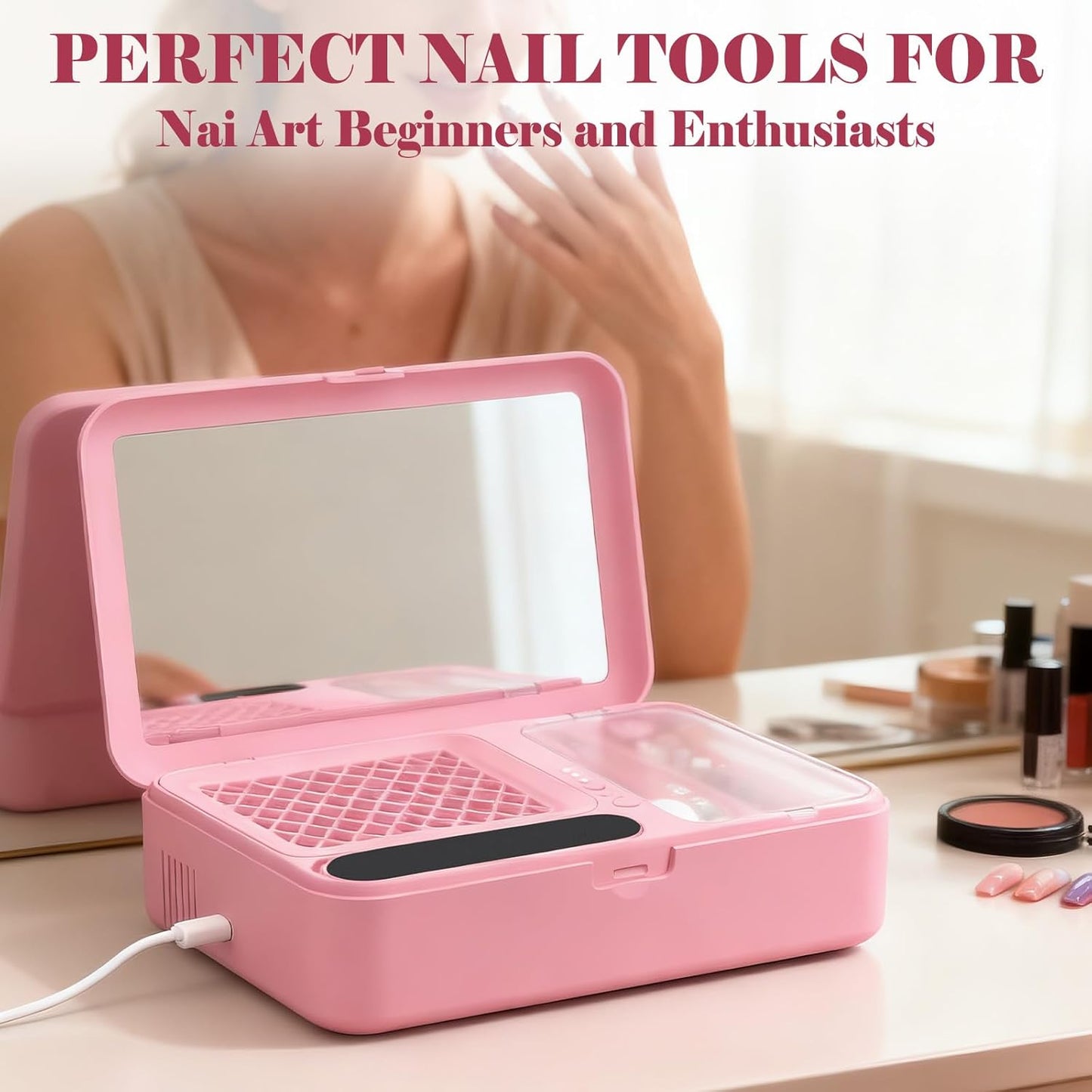 Nail Dust Collector & Cordless Electric Nail Drill Kit | Professional Manicure & Pedicure with 13 Bits - Pink