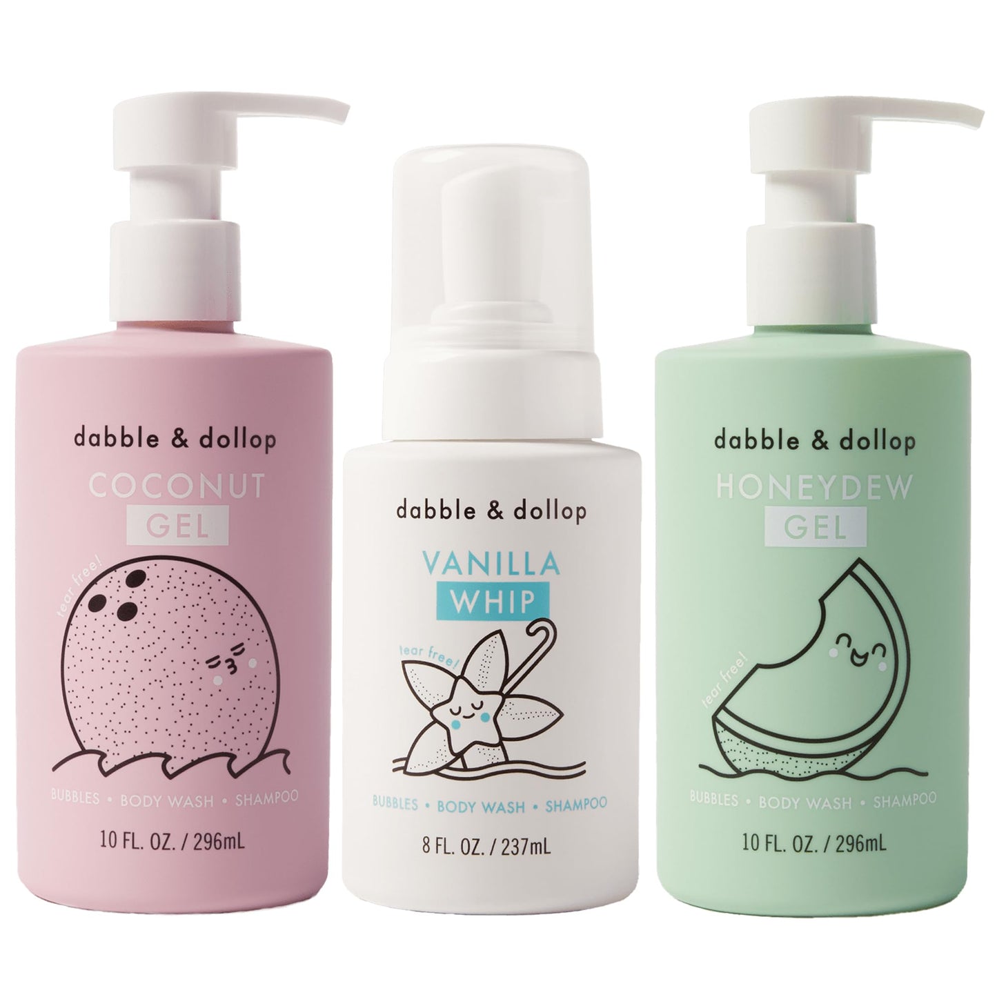 Dabble & Dollop Tropical Kids 3-in-1 Body Wash, Shampoo & Bubble Bath Variety Set – Coconut, Honeydew & Vanilla, Tear-Free, Gentle, Hypoallergenic and Safe for Sensitive Skin (Pack of 3)