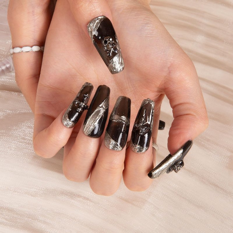 LOVFUL Press on Nails THE EDGE | Handmade with Full Covered Crystals | Reusable Full Cover Nails | Coffin Classic Regular 1.3 in | H283-S