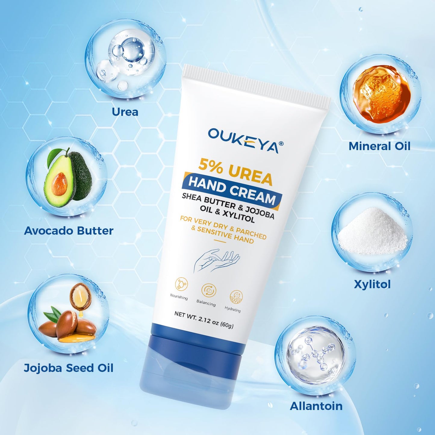 OUKEYA Urea Hand Cream - With 5% Urea Deep Nourishment for Hands, Fast-Absorbing Hydration for Soft Skin with Jojoba Seed Oil & Shea Butter - Perfect Travel Size for On-the-Go Care