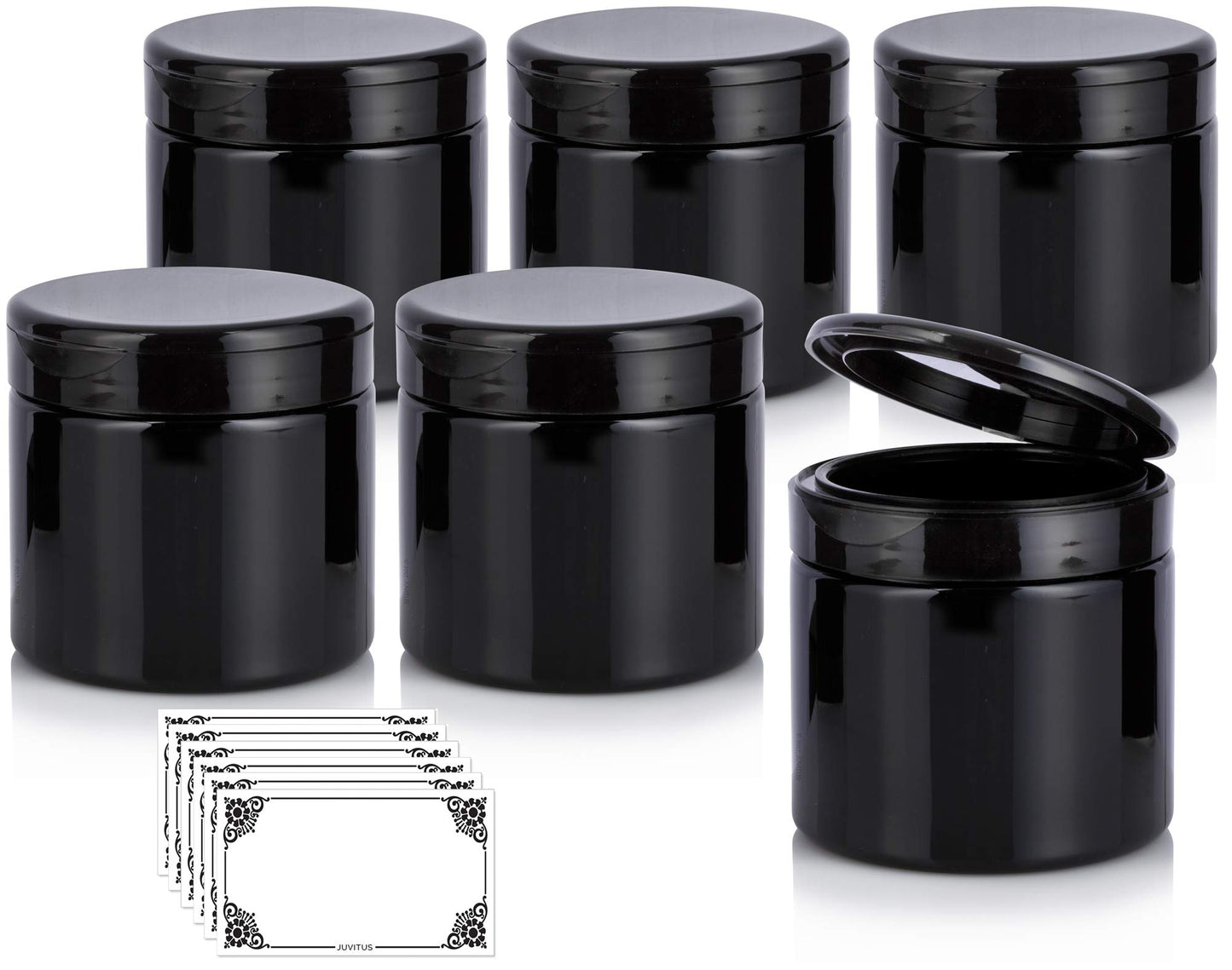 JUVITUS (6 Pack) 16 oz Black PET Plastic Refillable Jar with Black Flip Top Cap + Labels