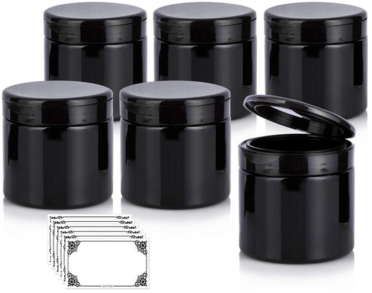 JUVITUS (6 Pack) 16 oz Black PET Plastic Refillable Jar with Black Flip Top Cap + Labels