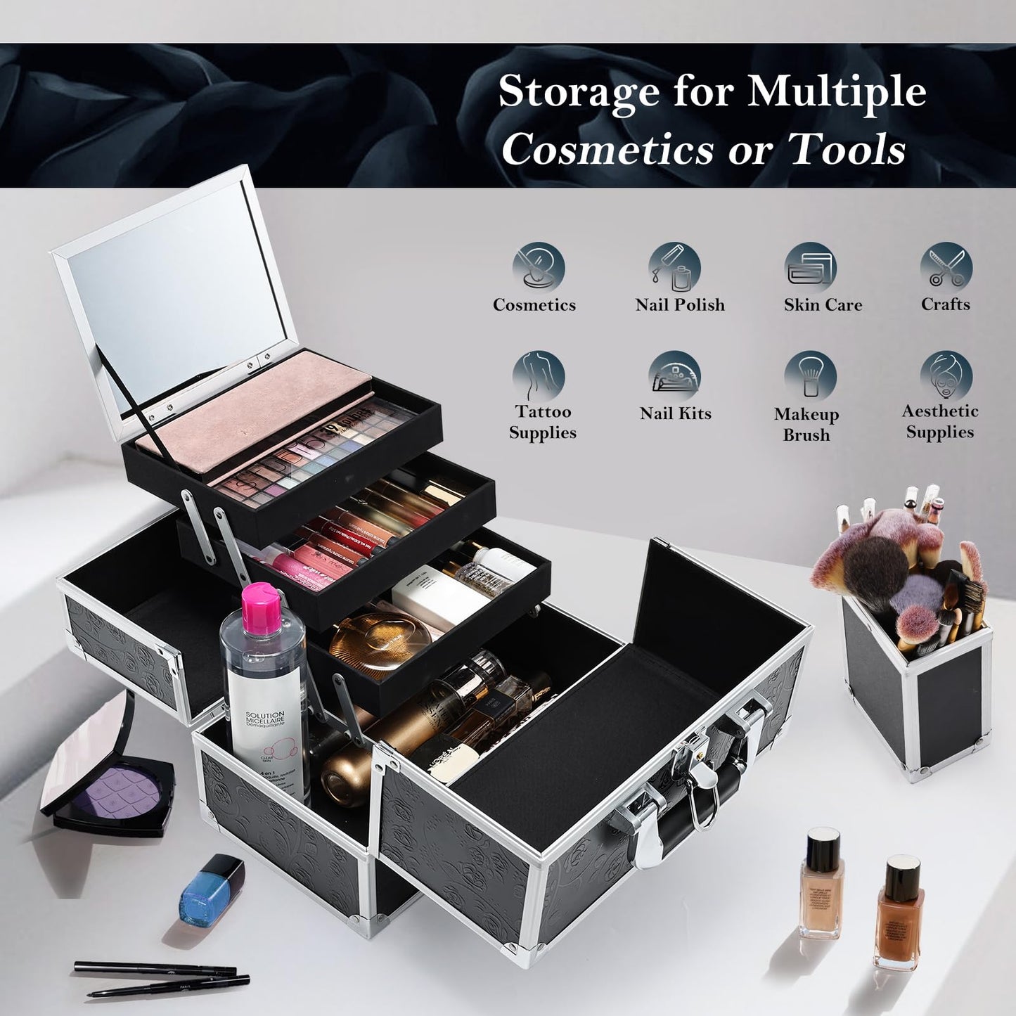 FRENESSA Makeup Train Case Makeup Box 11.8 Inch Large Makeup Case Organizer 3 Trays with Mirror Locking Cosmetic Storage Box for Cosmetics Nail Supplies Sewing Travel Case Black Floral