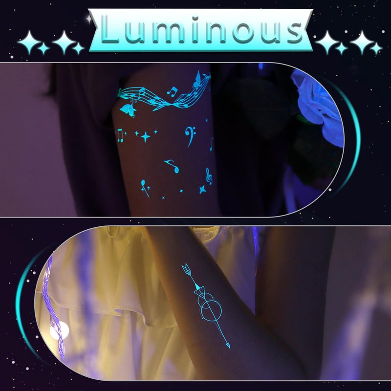 Fssqii Blue Luminous Temporary Tattoos Glow in the Dark Music Festival Moon Tattoos Waterproof Planet Star Fake Tattoo Sticker for Women Men Face Body Arm Party Cute Skin Tattoo Decorations