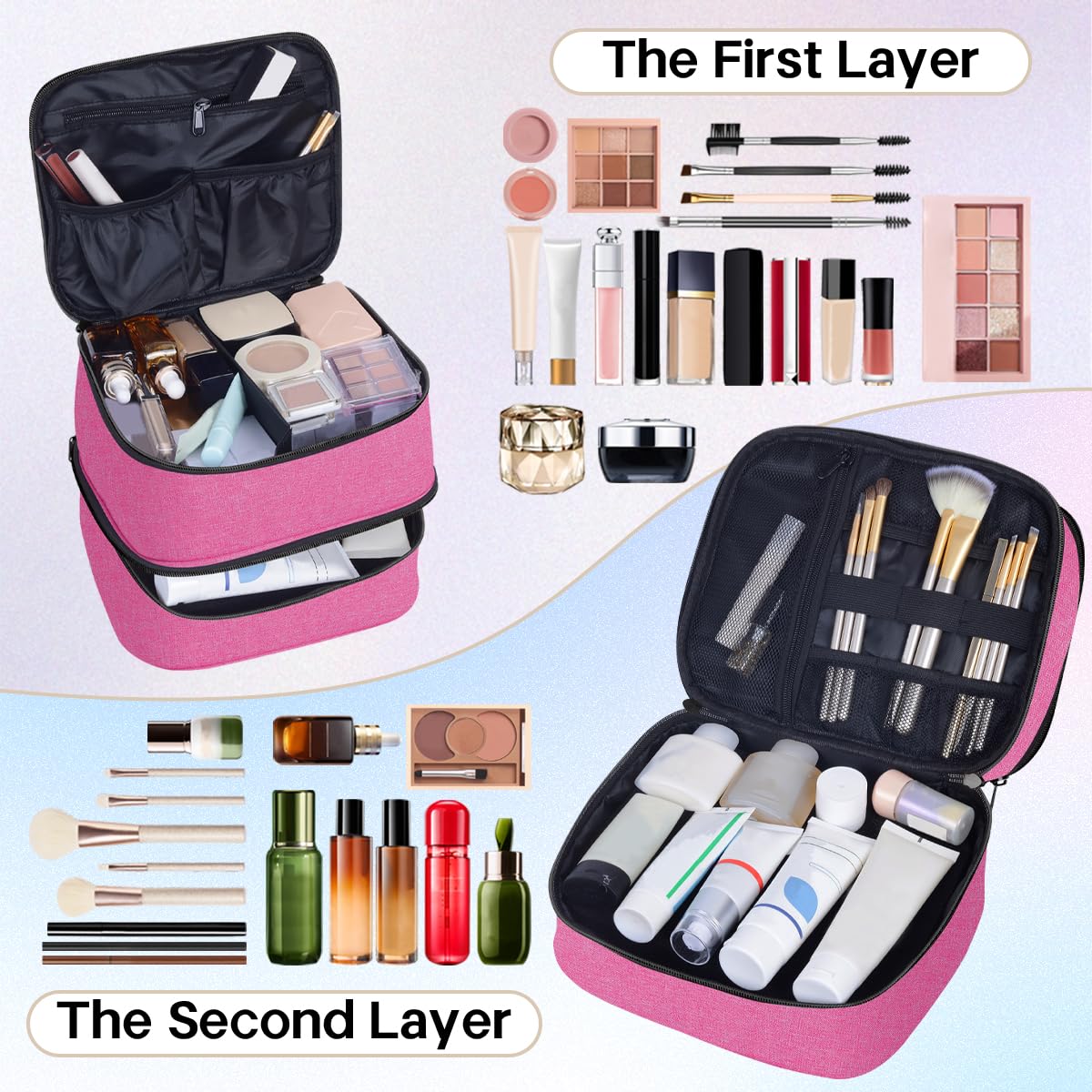 TANPADUAJI Double Layer Makeup Bag Portable Large Cosmetic Case Organizer with Adjustable Dividers Storage Travel Bag for Accessories Brushes Conditioner and Skin Care Products (Wine)
