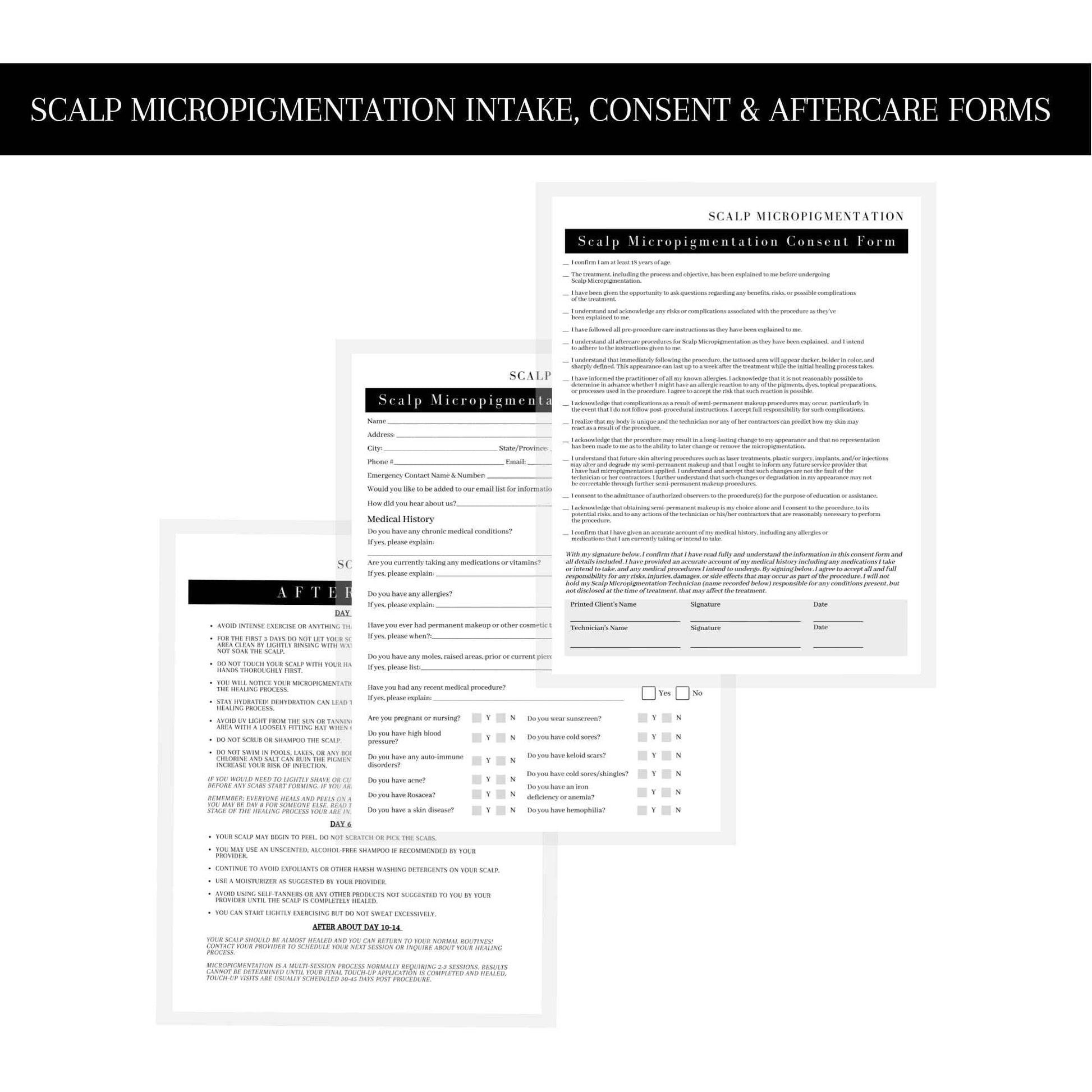 Scalp Micropigmentation Client Intake Forms: Intake,Consent,Consultation and Aftercare Forms | 75pk 25 of Each | for PMU Scalp Tattoo Professional Pigmentation 8.5 x 11” in Forms, Black and White