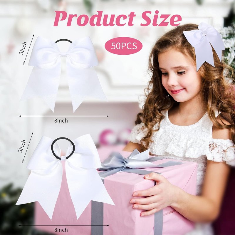 Cheer Hair Bows for Girls - 50 Pcs 8" White Large Cheerleading Bows with Elastic Ponytail Holders | Perfect for Sports Teams & Dance Accessories