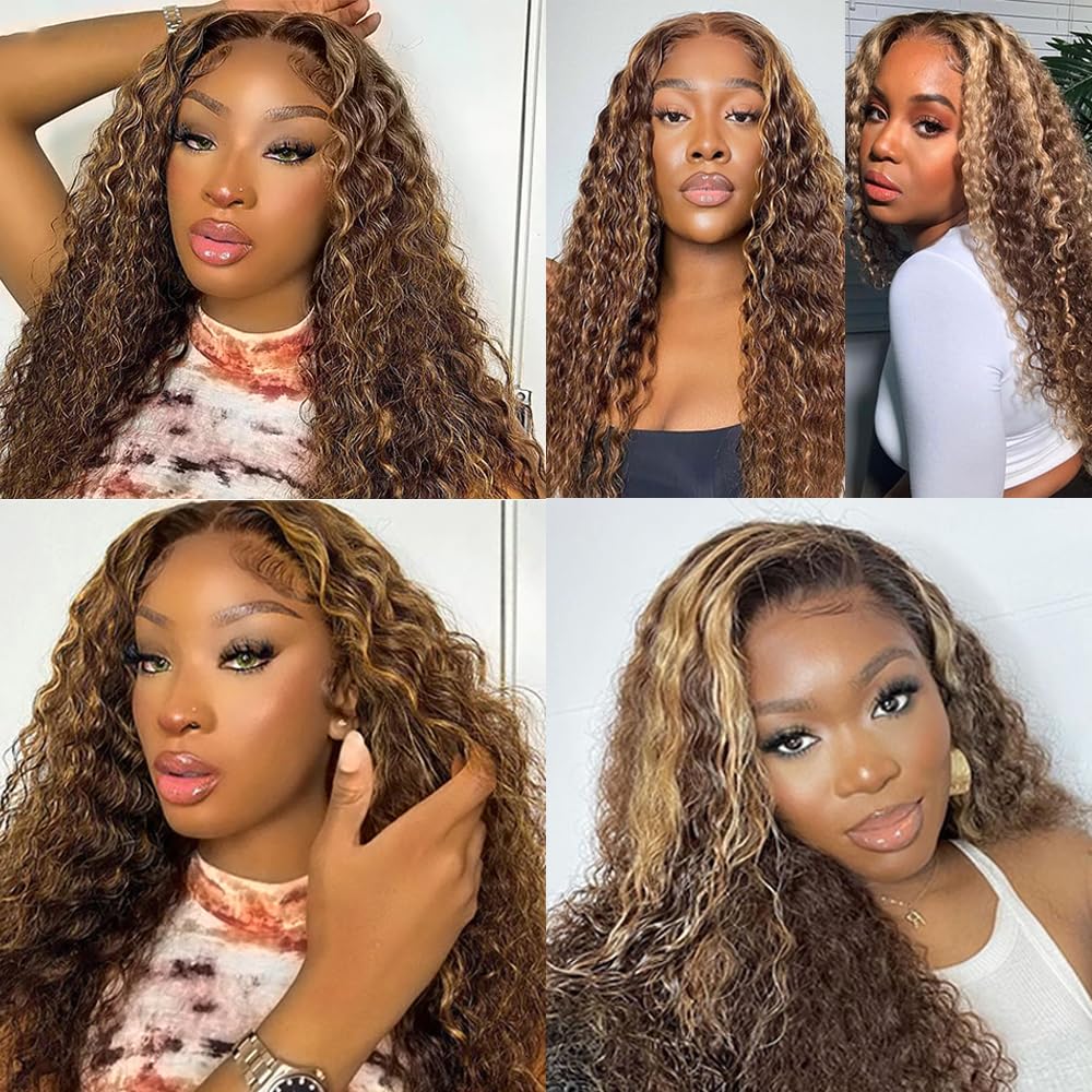 Ombre Curly Bundles Human Hair 4/27 Human Hair Bundles Highlight Honey Brown Bundle 14 14 14 Inch Salon Quality Double Weft Brazilian Virgin Remy Hair Extensions Deals