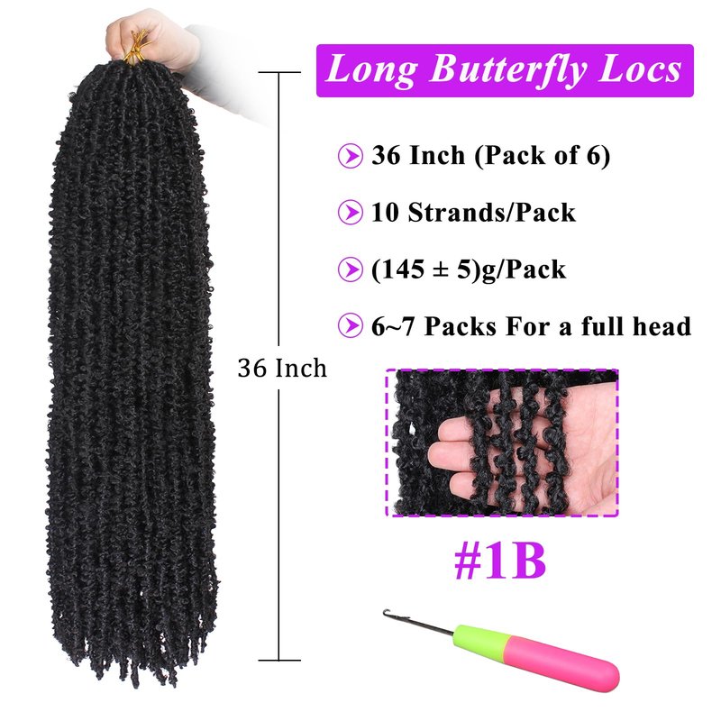 ZRQ 36 Inch Butterfly Locs Crochet Hair 6 Packs Pre-looped Distressed Locs Long Butterfly Locs Crochet Braids Hair Synthetic Goddess Locs Hair Extensions for Women (36 Inch,1B#)