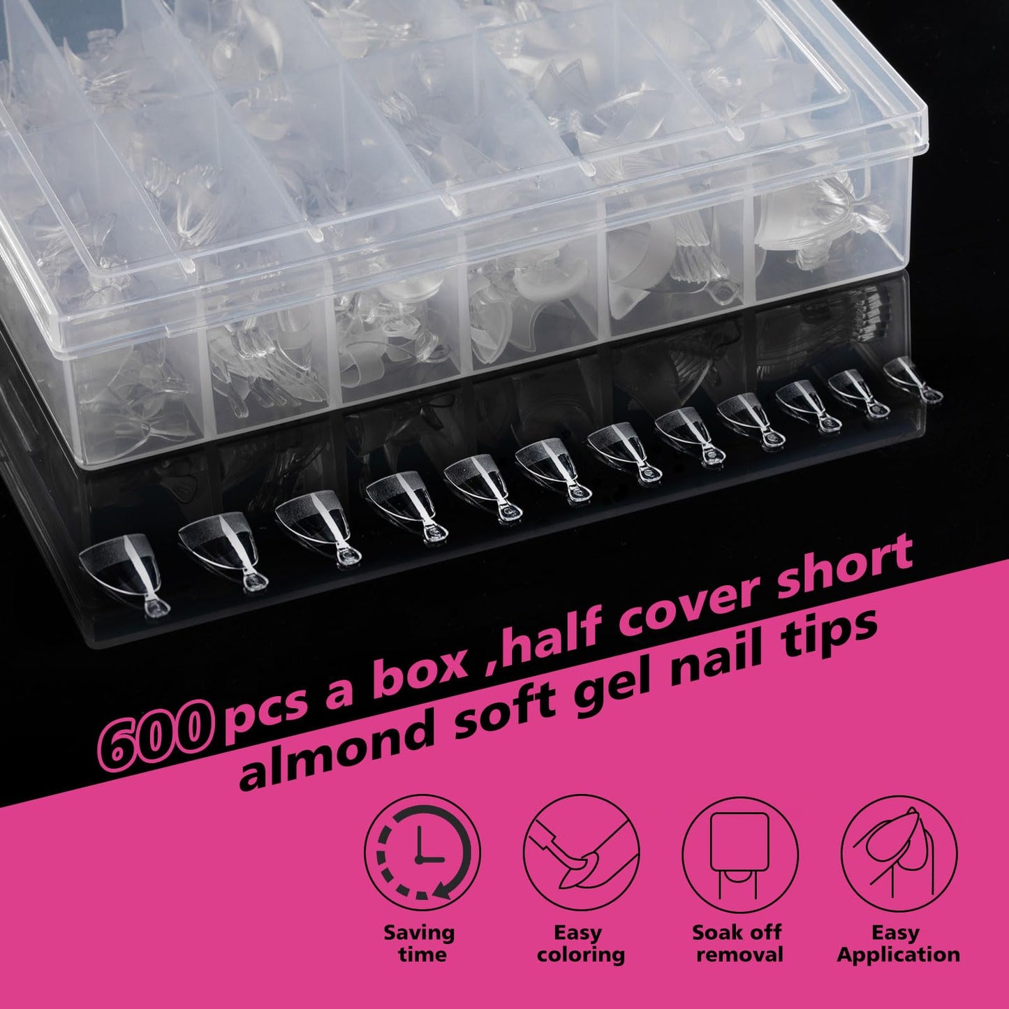 SITELENABY 600pcs Half Cover Short Almond Nail Tips, Extra Short Almond Soft Gel Nail Tips,Pre-designed Nails for Professional Salon 12 Size