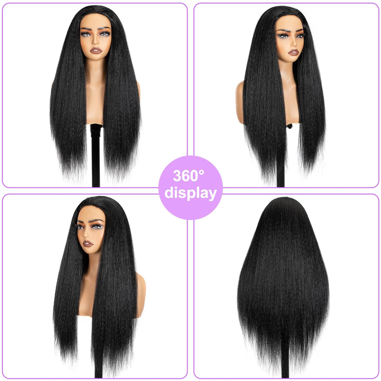 COOKOO Yaki Straight Half Wig Synthetic Hair 3 In 1 Beginner Friendly No Lace Flip Over Half Wigs Drawstring Ponytail Wig Natural Black Glueless Kinky Straight Half Wigs for Women 26 Inch