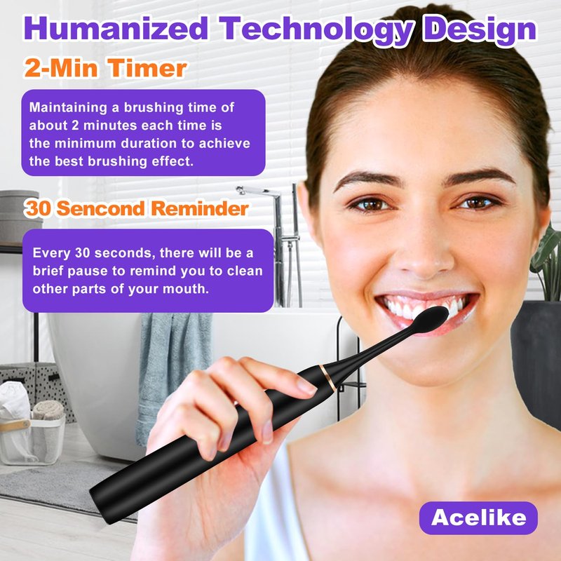 Whitening Electric Toothbrush for Adults and Kids, Rechargeable Toothbrush with 8 Brush Heads & Travel Case, 5 Modes & Smart Timer, 45000VPM Deep Clean, IPX7,One Fast Charge Last 120 Days - Black