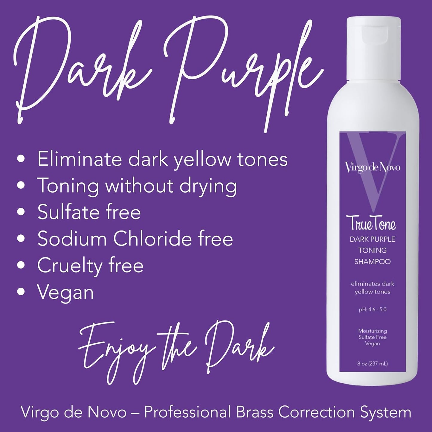 Virgo de Novo Dark Purple Toning Shampoo - Neutralizes Brassiness, Brightens Blonde & Grey Hair | Sulfate-Free, 8 oz