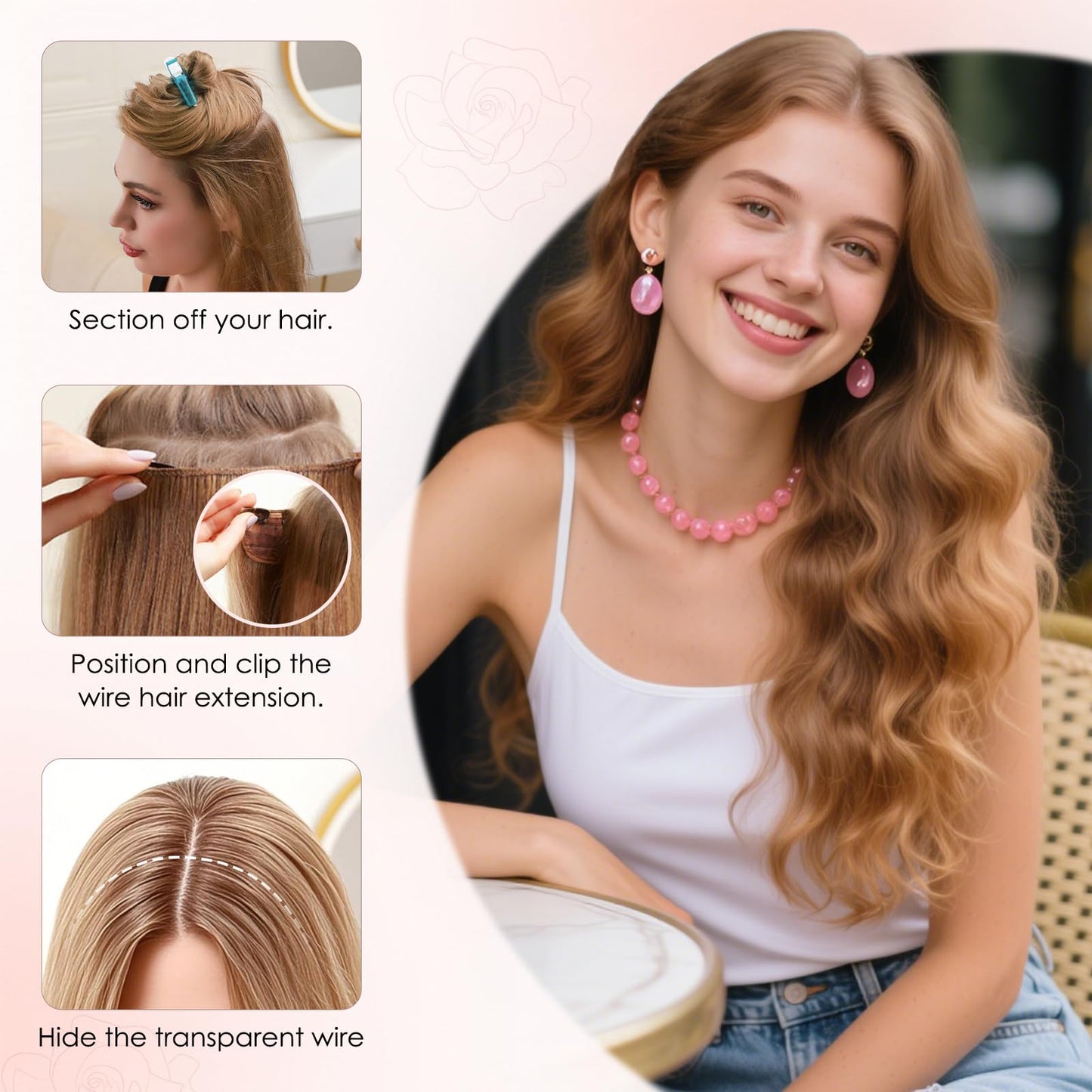 S-noilite Halo Hair Extension Invisible Wire in Real Remy Human Hair Extensions with Clips Adjustable Hidden Wire in Hair Extension for Women 14 inch Camel Bown Highlighted Blonde