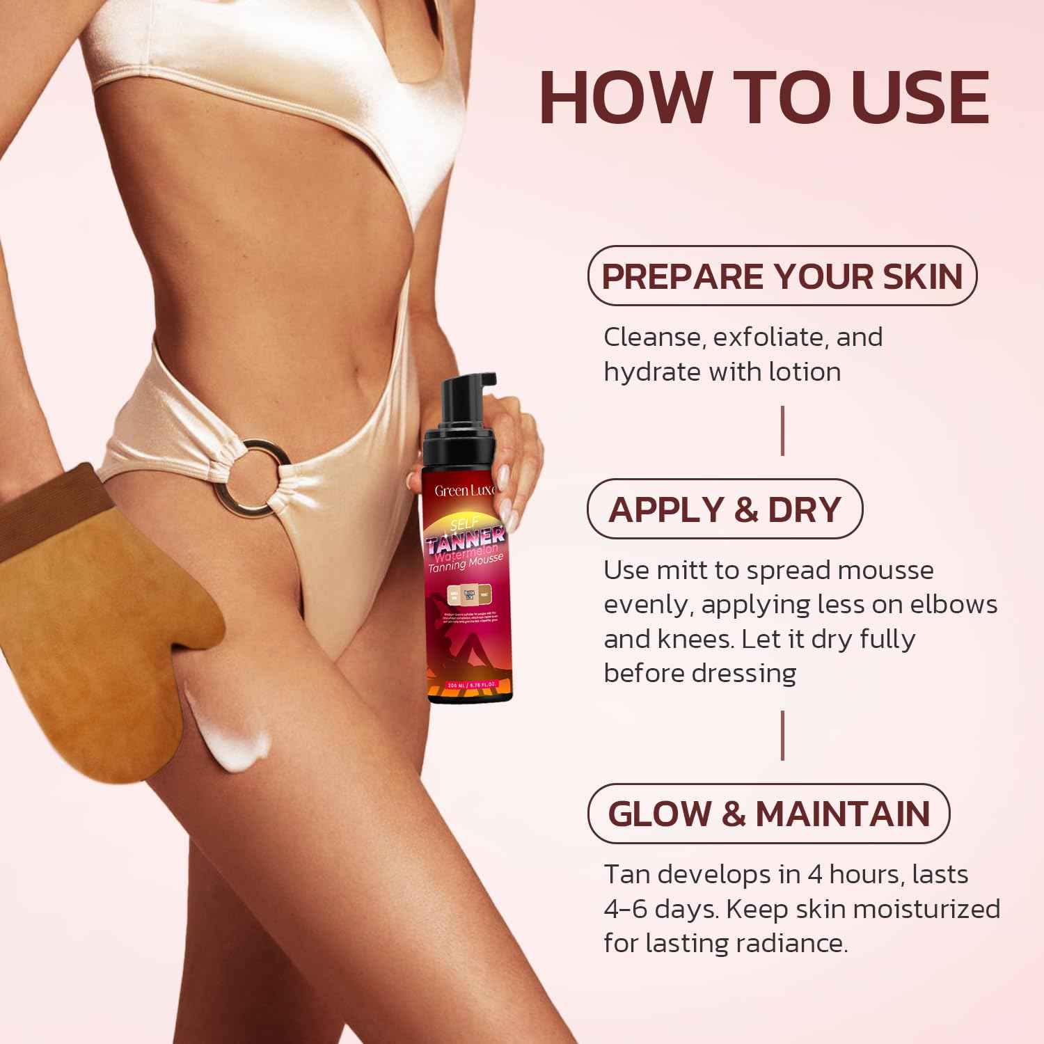 Self Tanner Mousse Kit – Light Medium Glow Sunless Tanning Foam - Flawless & Streak-Free Watermelon Scent Fake Tan Mousse with Mitt for White Pale Skin 6.76 fl. oz