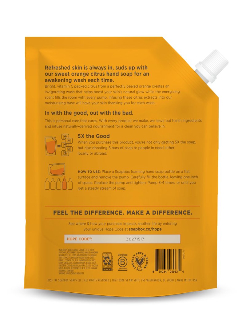 Soapbox Sweet Orange Citrus Foaming Hand Soap Refill, Moisturizing & Refreshing Hand Wash - Foaming Cleanser for Hands, Clean Ingredients Free of Harsh Chemicals, Sulfates, Parabens & Silicones, 64 oz