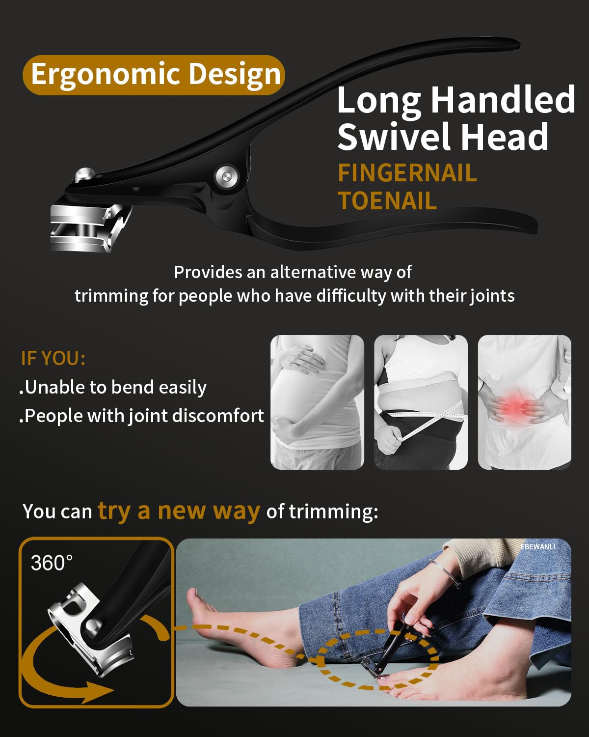 EBEWANLI Long Handle Toenail Clippers for Seniors Thick Toenails, 360 Degree Rotating Toe Nail Clippers for Men, Women, Sharp Sturdy Stainless Steel Angled Nail Cutter