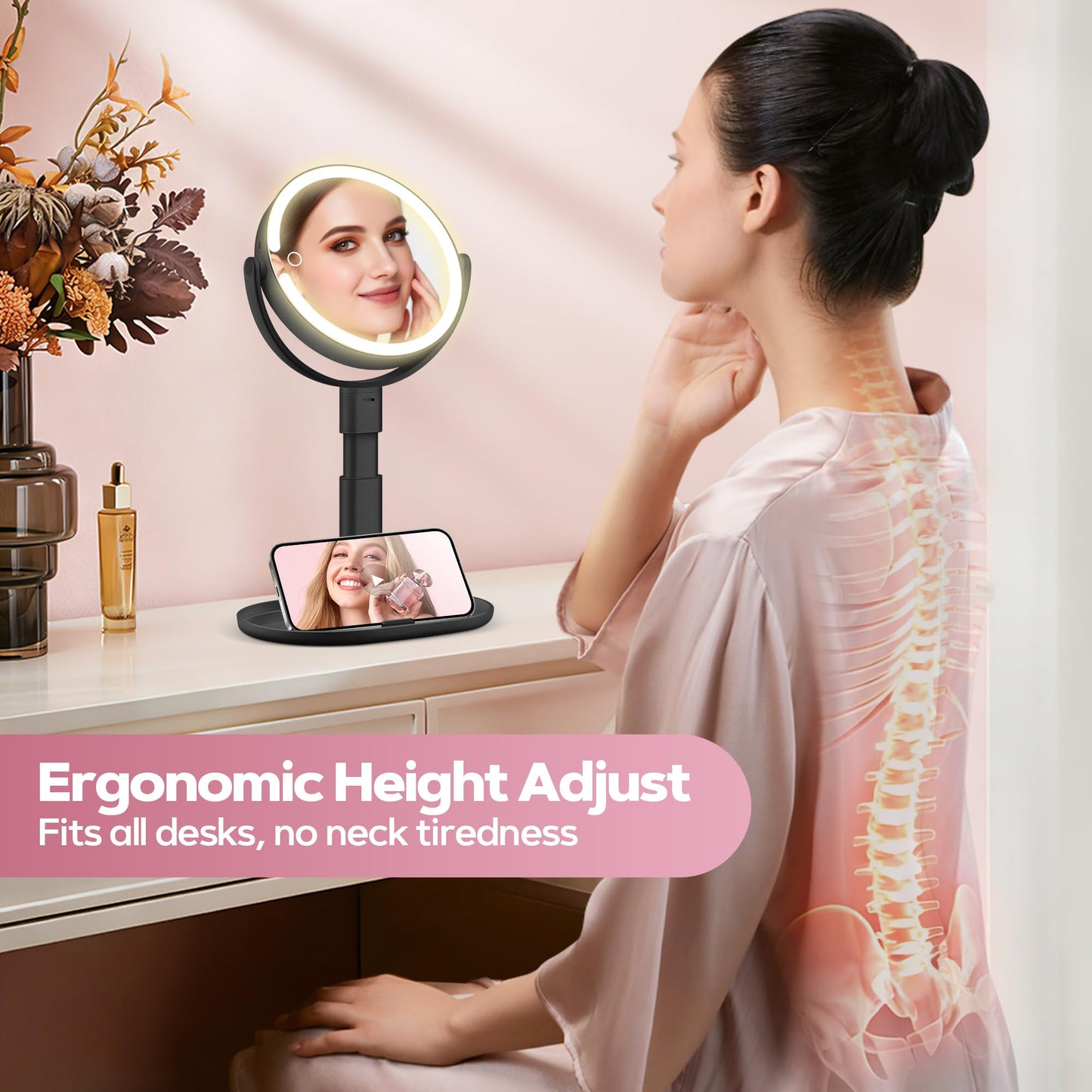 MOMOKUBA Makeup Mirror with Lights, 30X Magnifying & Height Adjustable, Lighted Magnifying Mirror with 3 Light Modes & Stepless Dimming, Vanity Mirrors for Bathroom, Birthday Gift for Women, Rosegold