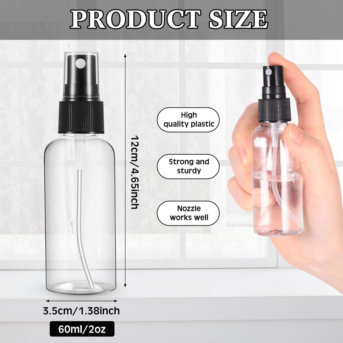 Roshtia 100 Pcs 2 oz Plastic Mini Spray Bottles with Black Cap Clear Empty Fine Mist Spray Bottles Refillable Liquid Container for Essential Oils Perfumes Travel Makeup
