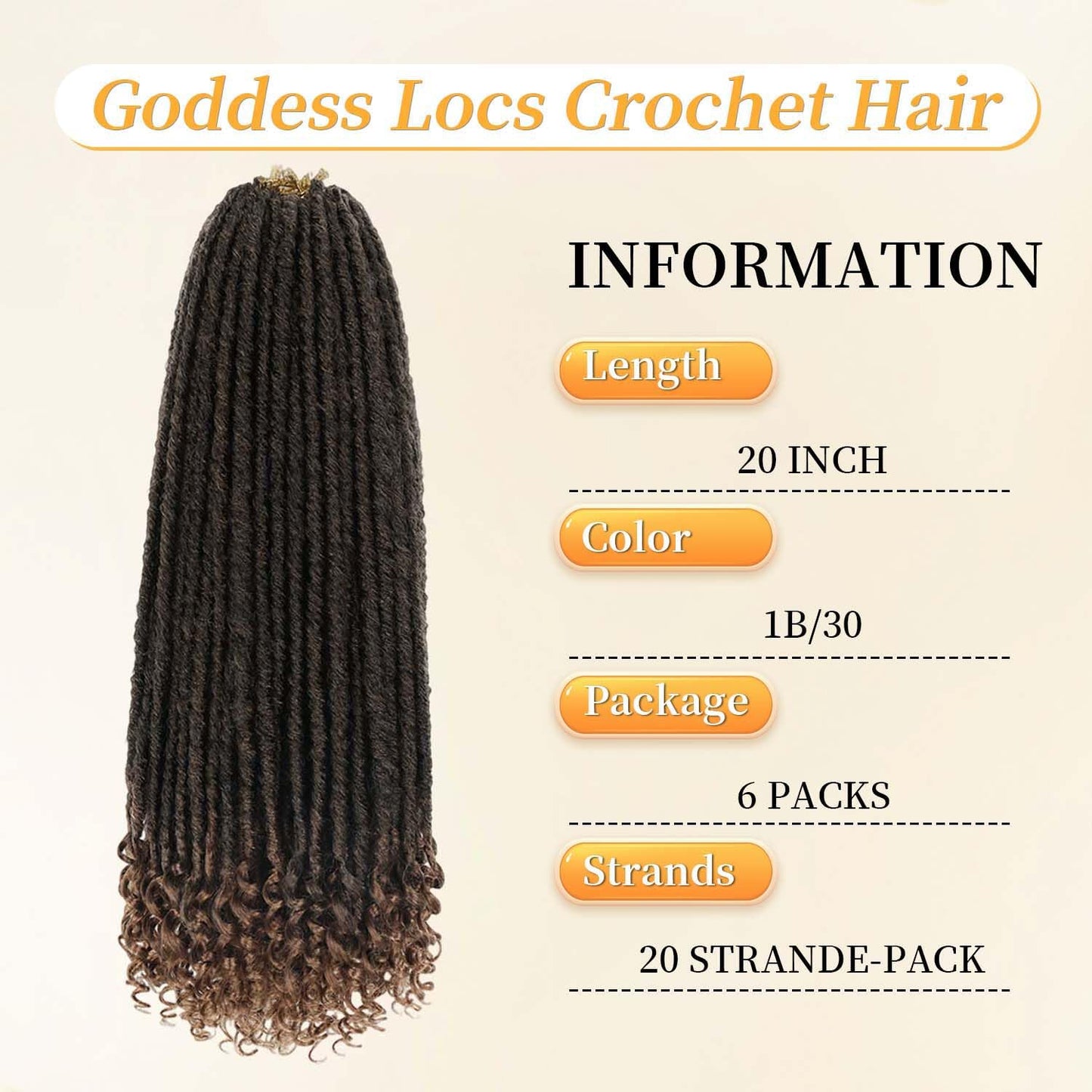 6Pcs Dreadlocks Crochet Hair Extensions, 20" Goddess Locs Braids(1B/30#)