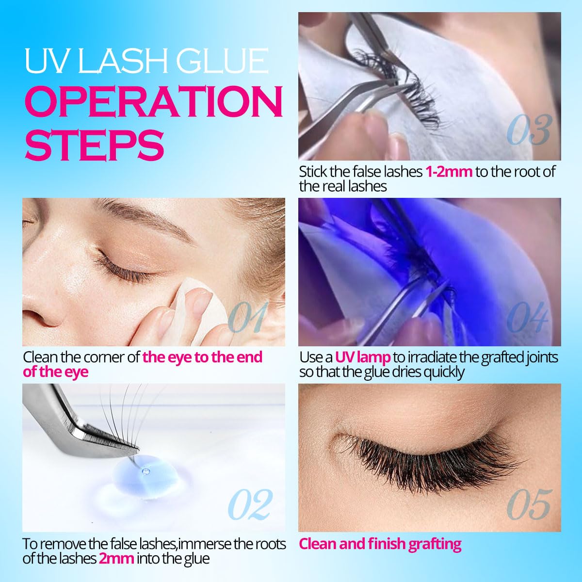 Professional UV Lash Glue Kit -Fast Drying Waterproof Strong Hold for Lasting Eyelash Extensions(5Ml-Blue)