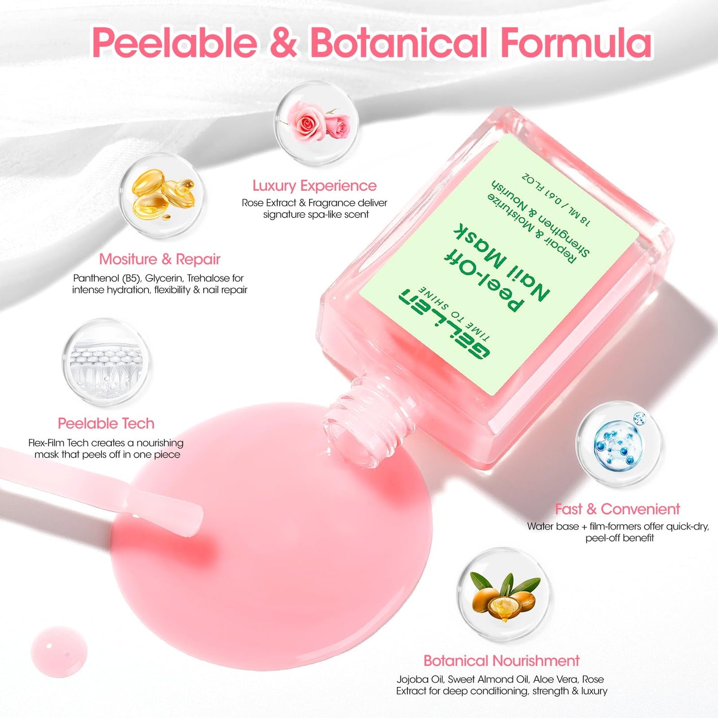 GELLEN Peelable Nail Strengthener Mask, Air Dry Peel-Off Nail Mask for Nail Strengthener and Growth, Nail Repair Masque for Damaged Weak Thin Nails, Natural Nail Treatment, Rose Scent
