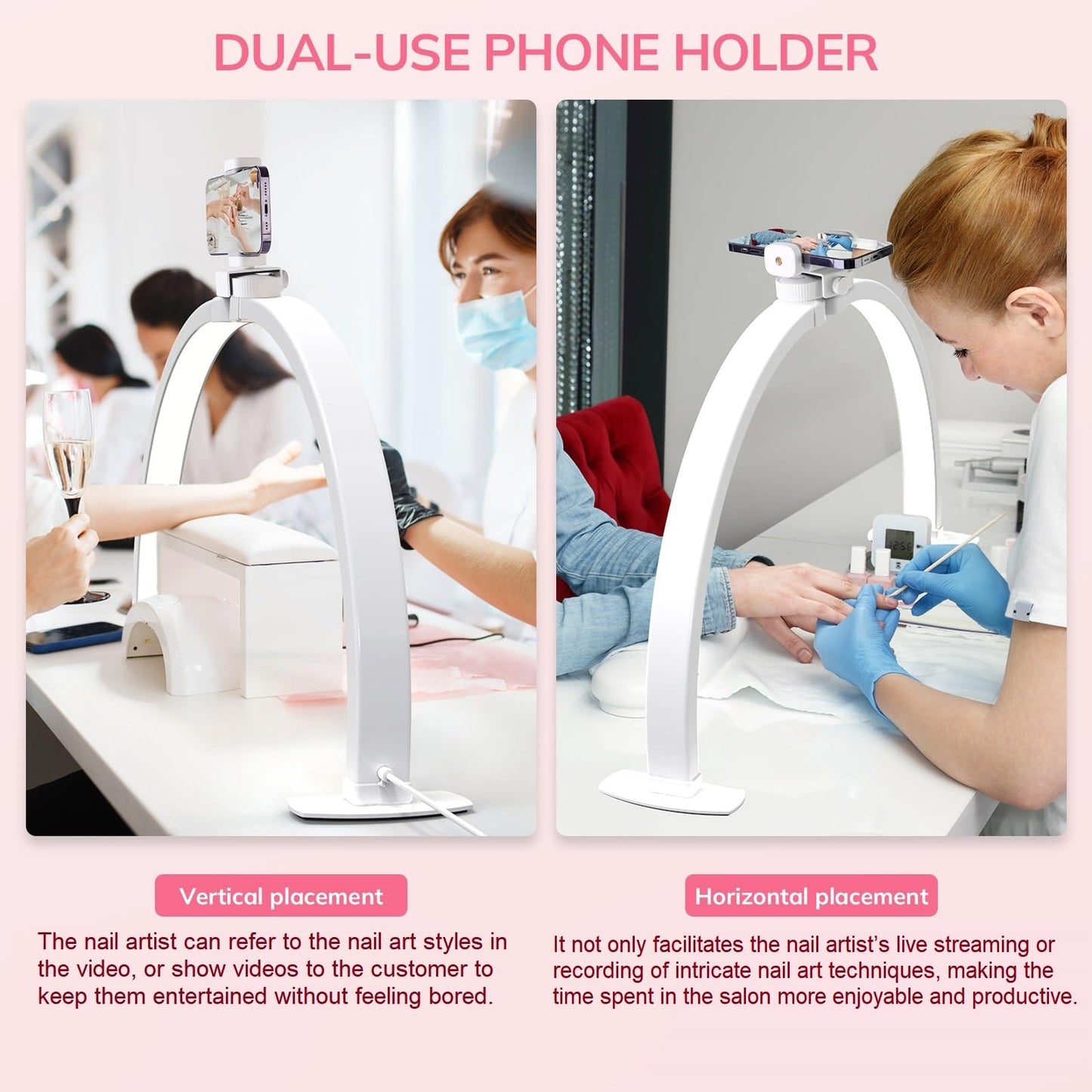 Lavinda Large Half Moon Light for Nail Desk, 29'' Nail Table Lamp with Phone Holder, 3000K-6000K Dimmable LED Desk Lamp with Wire Controller for Manicure DIY, Eyelash Extension, Skincare, Tattoo