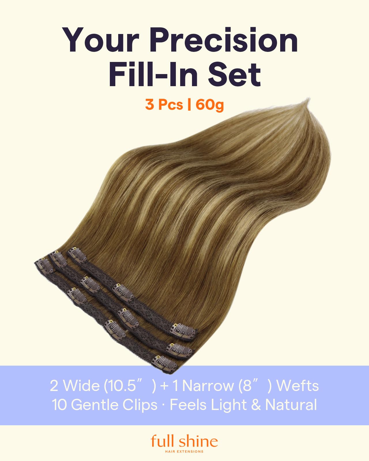 Full Shine Human Hair Extensions Clip Ins Ombre, 16 Inch 3 Pcs 60g