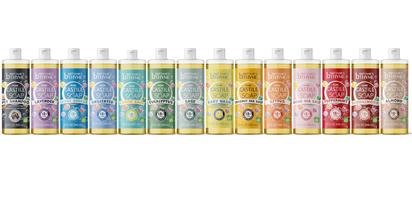 Brittanie's Thyme Pure Castile Liquid Soap Variety, Lavender/Peppermint/Lemon, 32 oz Pack of 3 | For Hair & Body, Gentle and Pure, Made with Natural Luxurious Oils, Vegan & Gluten Free Non-GMO