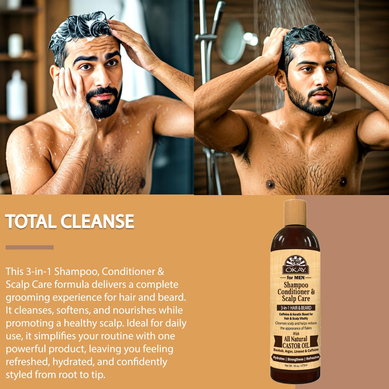 OKAY-MEN 3 in 1 Shampoo and Conditioner - Castor Oil Shampoo and Conditioner, Beard Wash, Clarifying Treatment for Dry Damaged Hair, Dandruff, Curly Hair - 16 Fl Oz (Pack of 2)