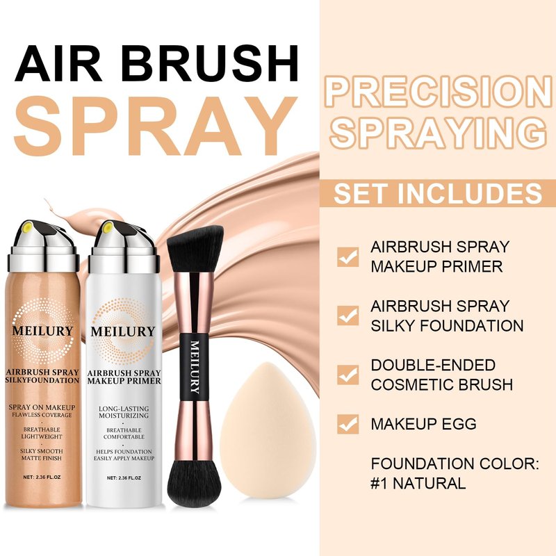 AirBrush Foundation Spray Set - Longwear Waterproof Liquid Matte Foundation Mist | Hydrating Face Primer Kit (01 Natural)