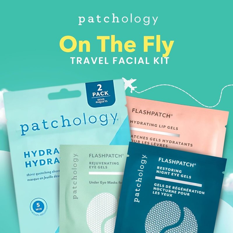 Patchology Travel Facial Kit - Hydrating Skincare Essentials for Face, Eyes & Lips | Includes 2 Under Eye Patches, 2 Hydrate Sheet Masks & 1 Lip Mask