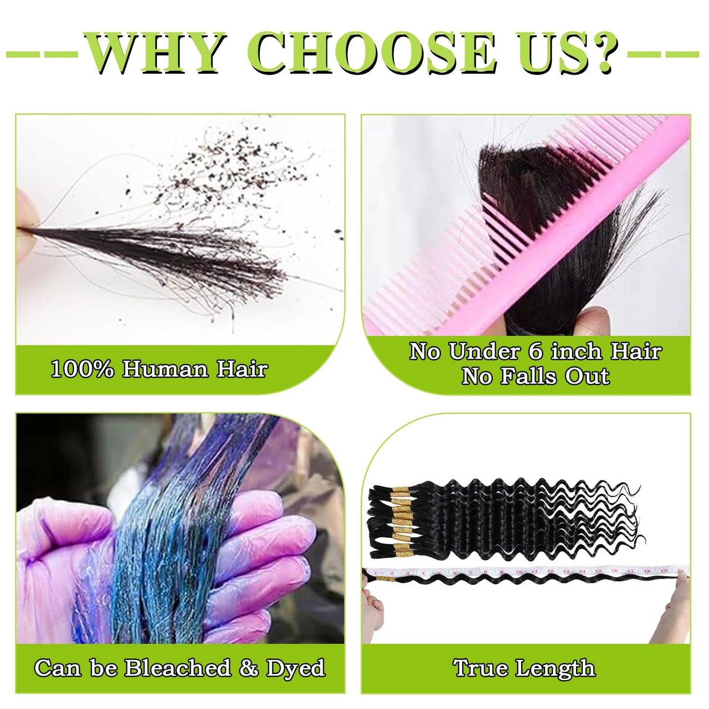 Human Braiding Hair 12A Deep Water Wave Bulk Human Hair 75g 18 Inch No Weft 10 Braids Per Pack Wet and Wavy Braiding Natural Black