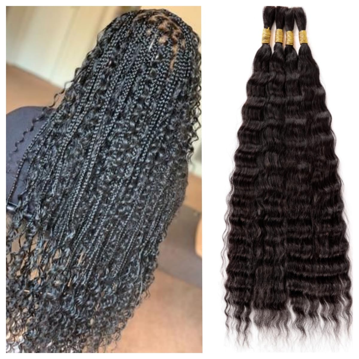 Wet and Wavy Human Braiding Hair No Weft Super Wavy Bulk Human Hair For Boho Braids 100g (1Pack-4PCS) 100% Virgin Human Hair Super French Micro Braiding Bohemian Braids (Super Wavy（#1B), 14 Inch)