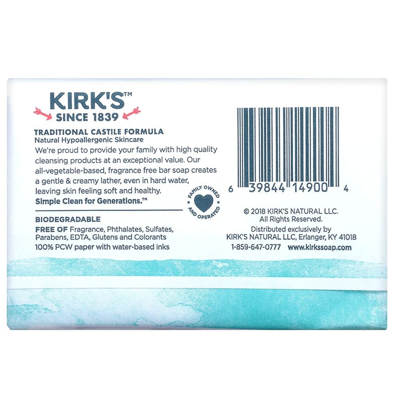 Castile Bar Soap by Kirkâ€™s | Clean Soap for Men, Women & Children | Premium Coconut Oil | Sensitive Skin Formula, Vegan | Fragrance-Free/Unscented | 4 oz. Bars - 12 Pack