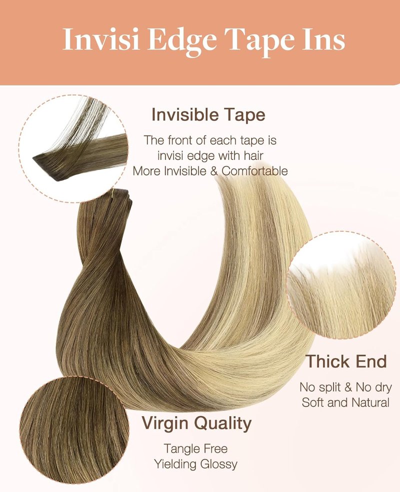 Invisi Edge Tape in Hair Extensions - 18" Balayage Walnut to Ash Blonde, 6pcs, Virgin Remy Hair, Seamless Design