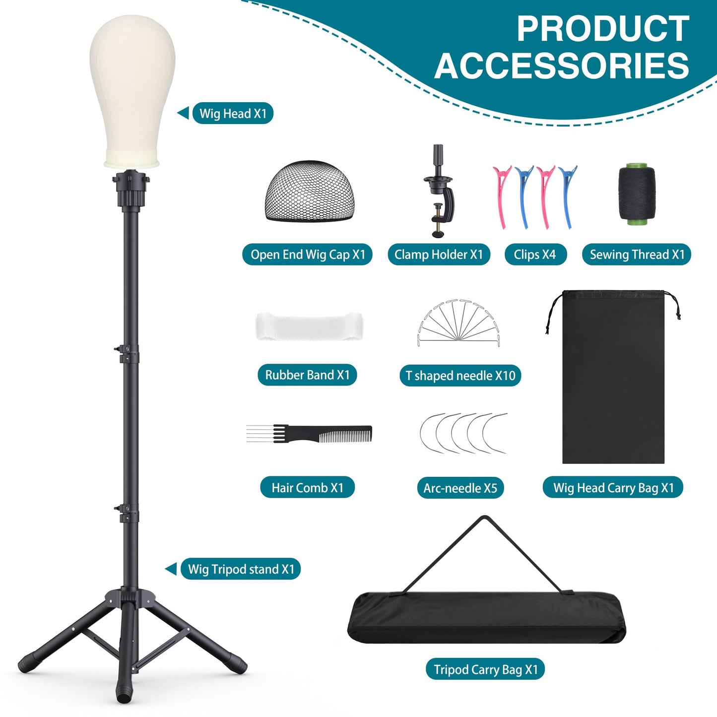 Retbtnm Wig Stand with Head 50 Inches, Wig Head Stand with 22 Inches Mannequin Head, Height Adjustable Metal Tripod Wig Stand, Manikin Head Set for Wigs Display Making Hair Weave and Styling