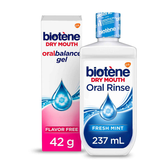 Biotene Fresh Mint Moisturizing Oral Rinse Mouthwash, Alcohol-Free, for Dry Mouth, 33.8 ounce & Biotene OralBalance Moisturizing Gel Flavor-Free, 1.5 ounce (Packaging May Vary)