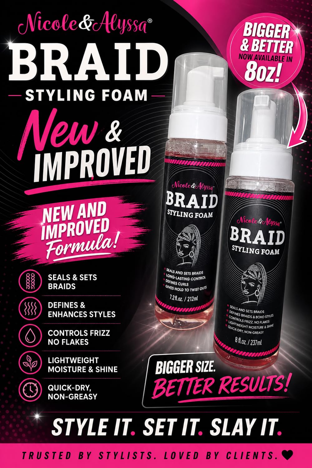 Nicole & Alyssa Braid Styling Foam 8oz – Extra Hold Foam Mousse for Braids, Boho Braids, Crochet Styles, Twists & Locs – High Shine, Flake-Free & Lightweight