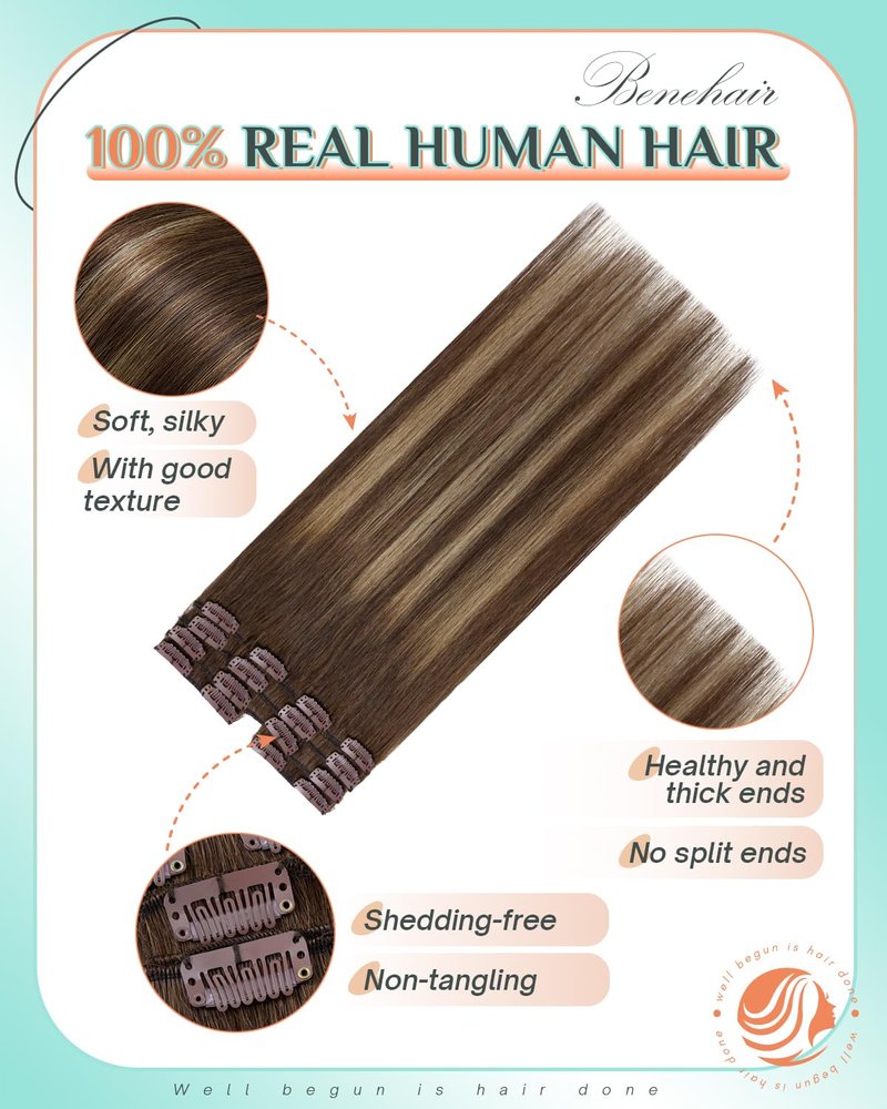 Benehair Clip in Hair Extensions Real Human Hair 14inch Double Weft Dark Brown Mixed Light Brown Hair Extensions Clip in Human Hair Straight Hair Extensions Clip ins 7pcs with 16 Clips #H09