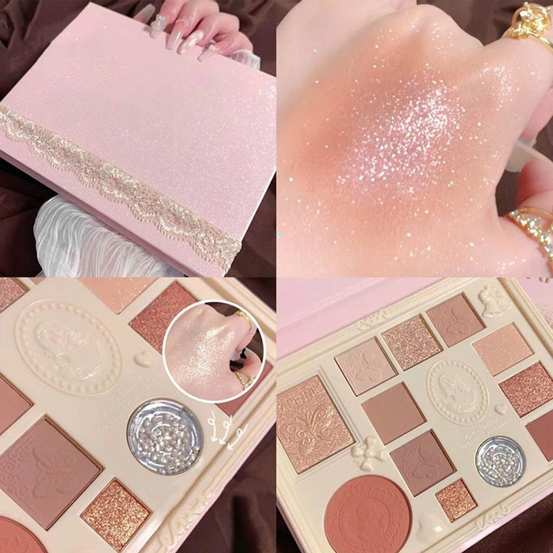 Ezyuanchly Lace 12 Color Eyeshadow Palette, Blendable Shimmer and Matte Nudes Shades, All In One Makeup Blush Highlighter, Pink