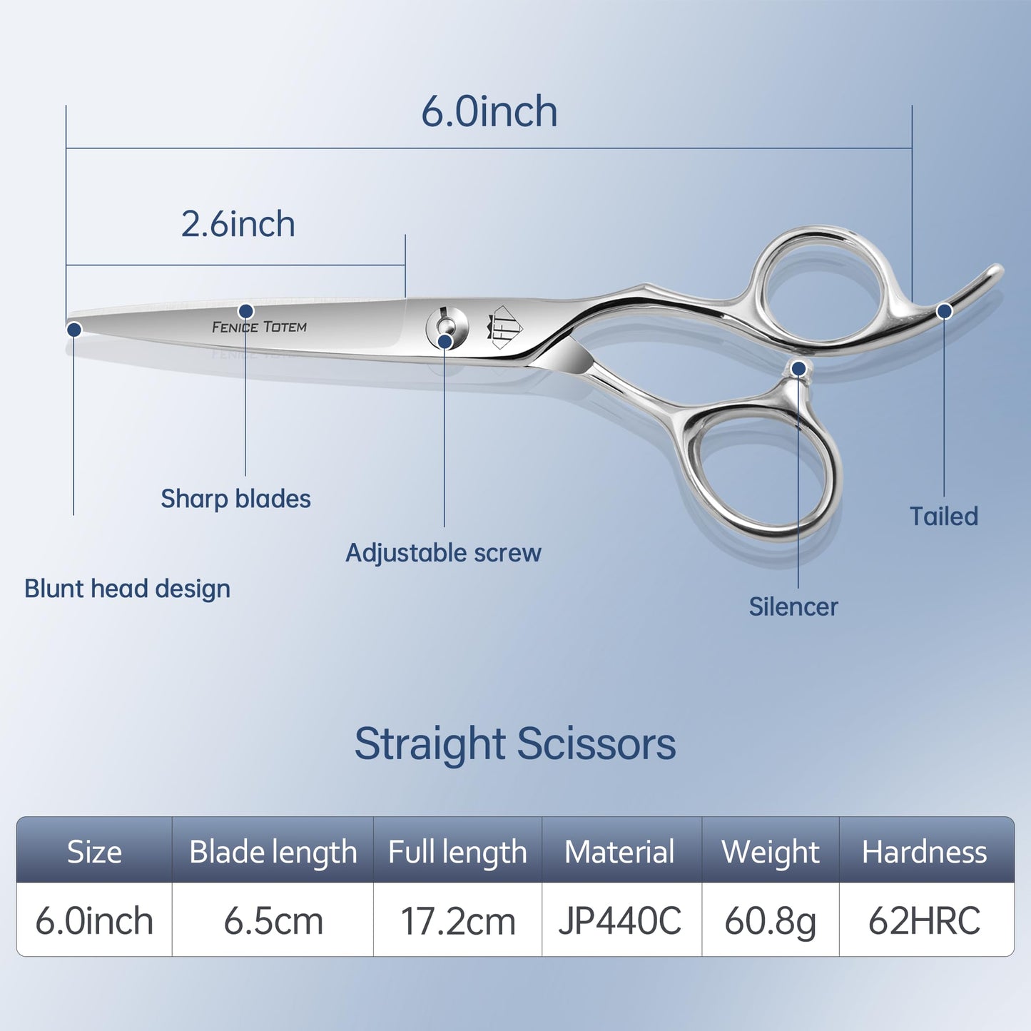 Fenice Totem CNC Hair Scissors, Smooth Mirror Blades, Professional Cutting with Long Lasting Sharpness (Straight)